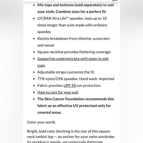 Land’s End Plus Size Square neck tankini top color block electric blue mix Var - Picture 5 of 5